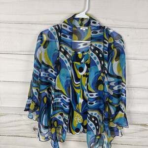 Nicola Blouse & Tank Set Wm L Green Psychodelic Groovy Abstract Sheer Ruffles